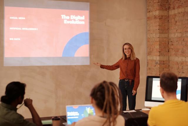 A woman is presenting on the digital evolution