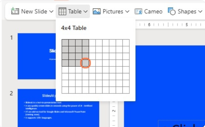 Under “Insert Table”, pick the number of columns and rows