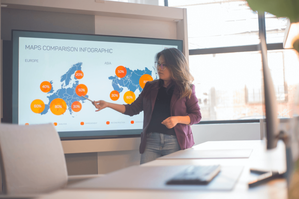 women presenting maps comparison infographics