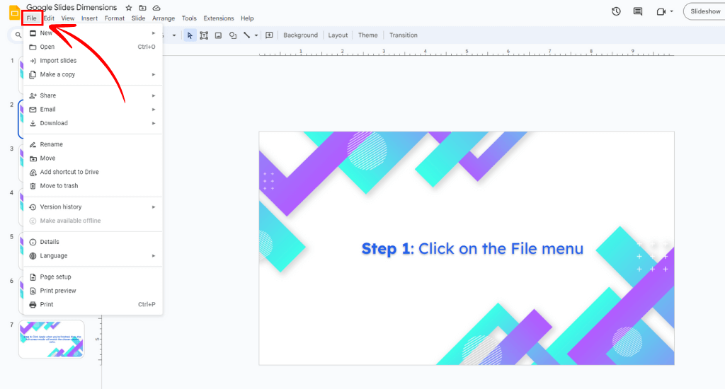 Open file menu in Google slides