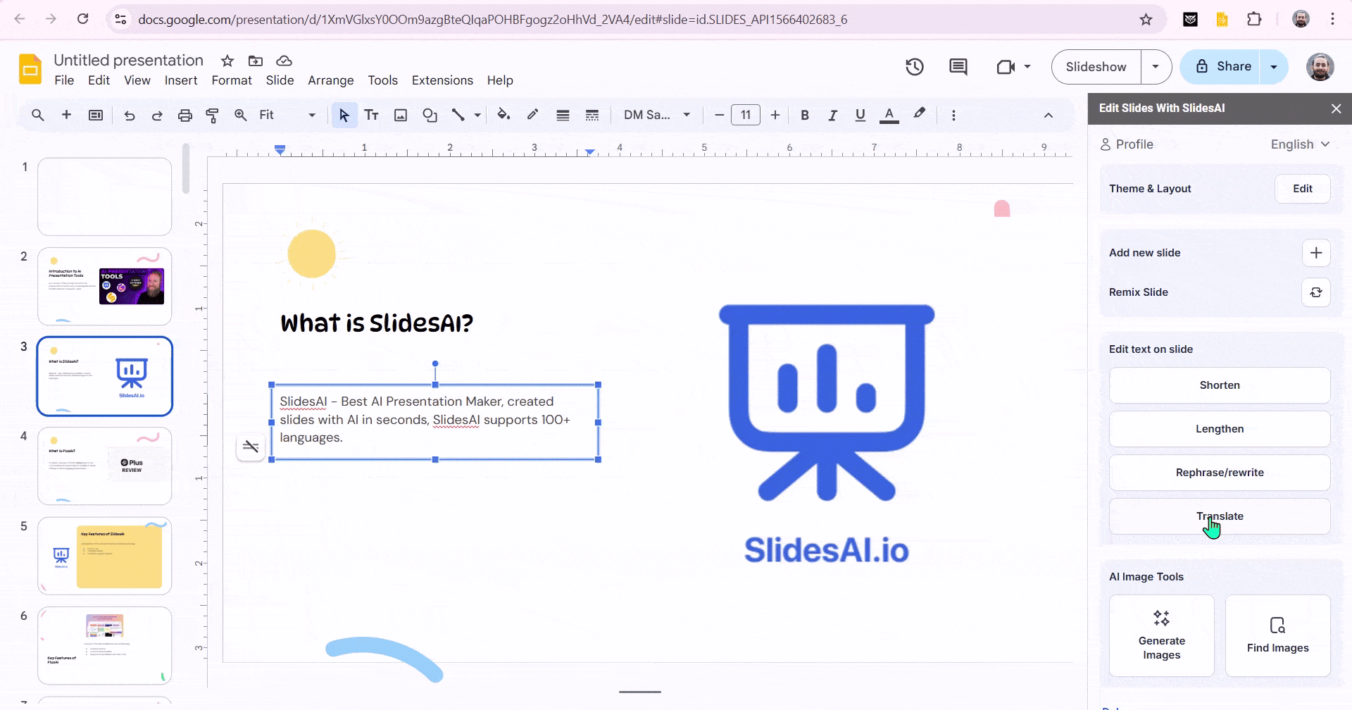 tranlsating google slides with slidesai