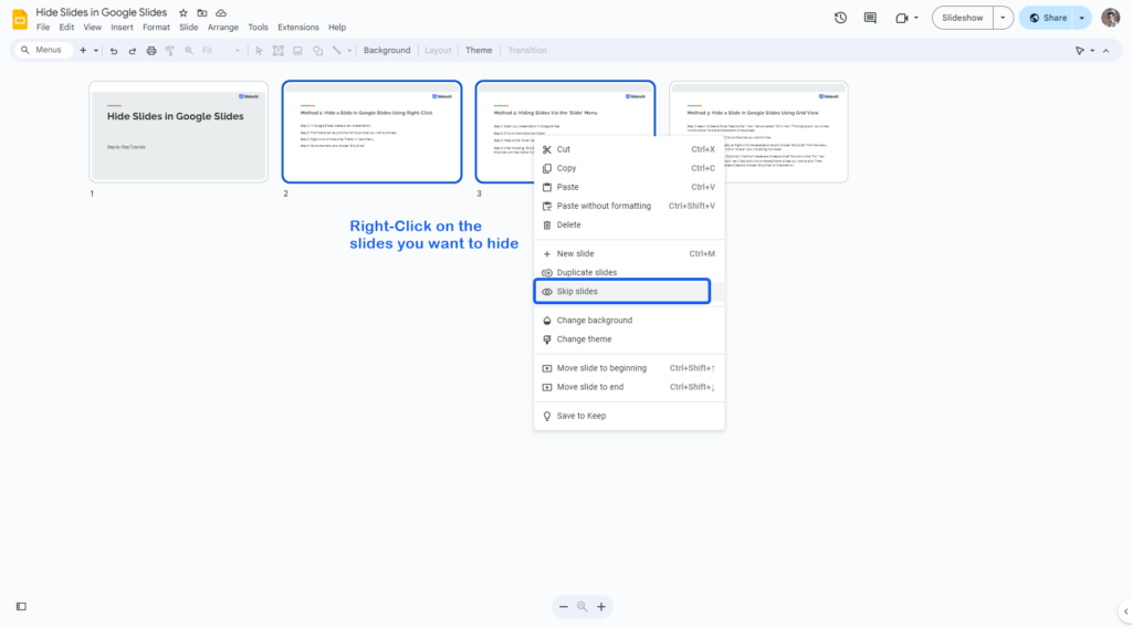 selected slides to hide then right click and skip slides