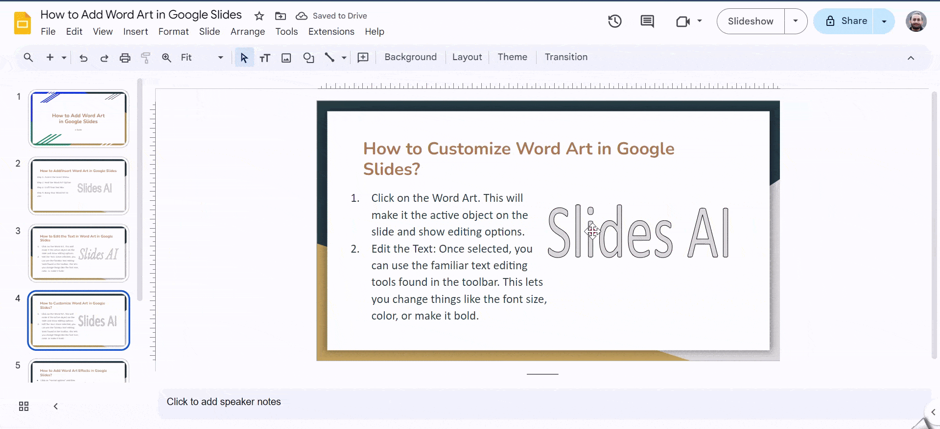 How to customize word art in google slides