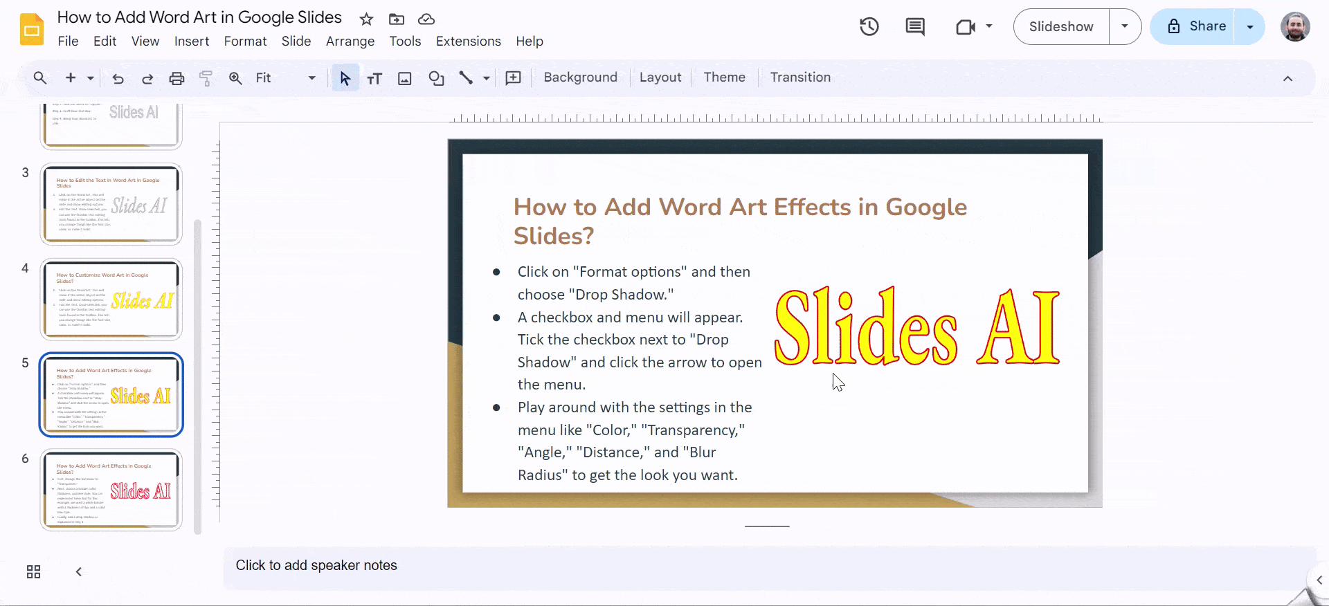 Drop shadow effect in word art