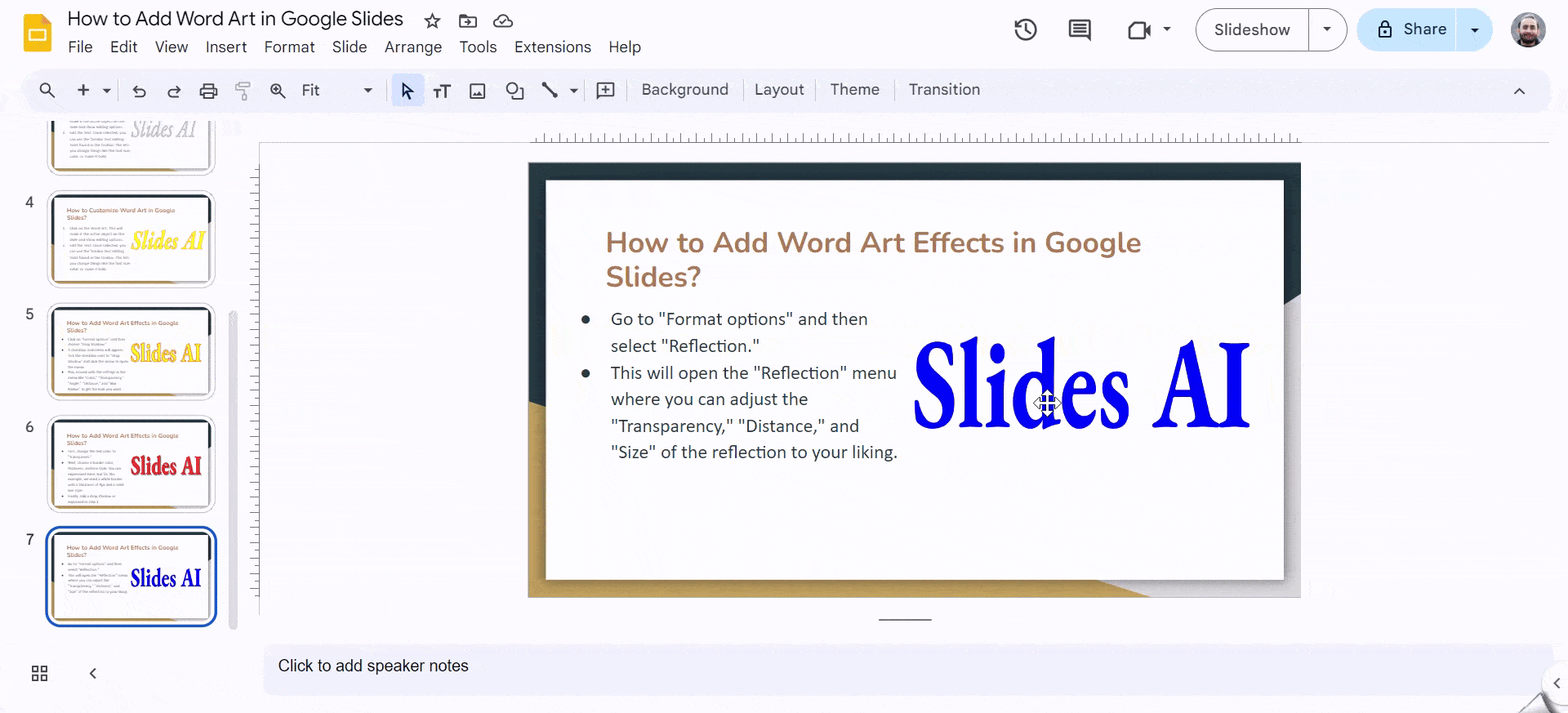 Reflection effect in word art