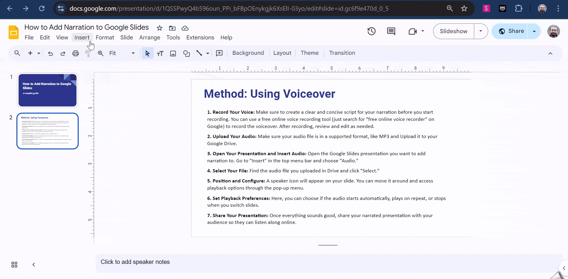 How to add narration in Google Slides. 
