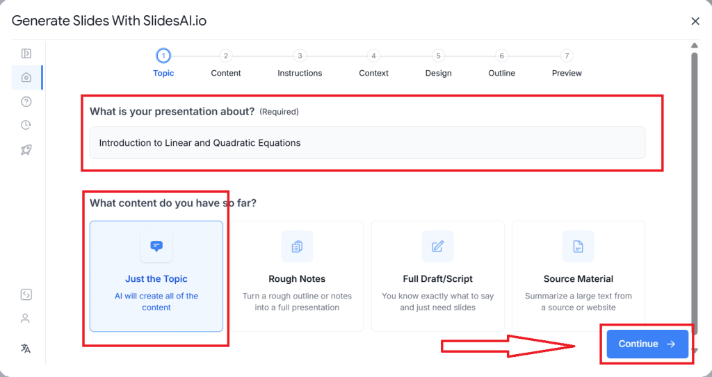 Enter the equation topic