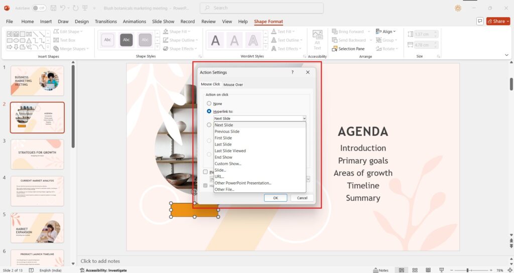 action settings in powerpoint