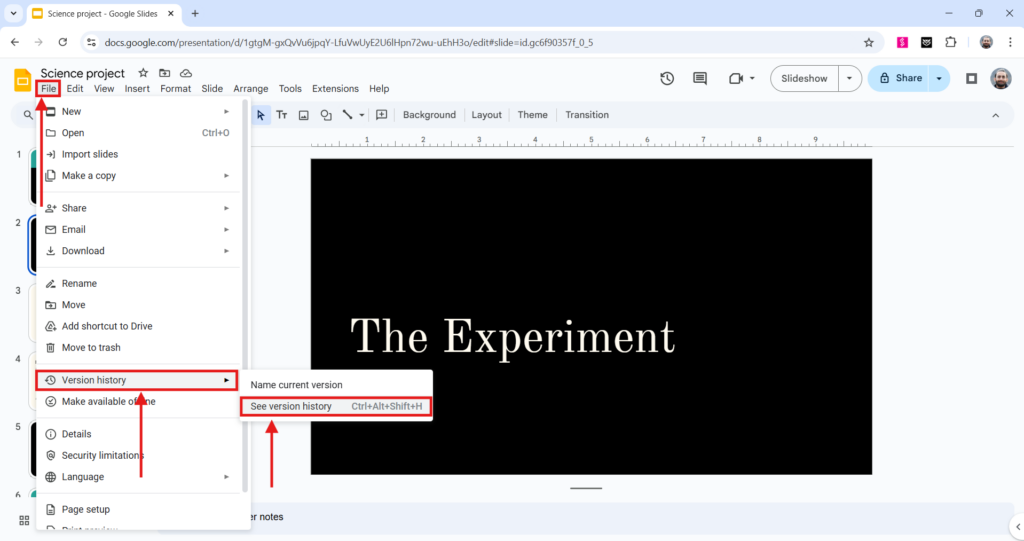 see version history in google slides