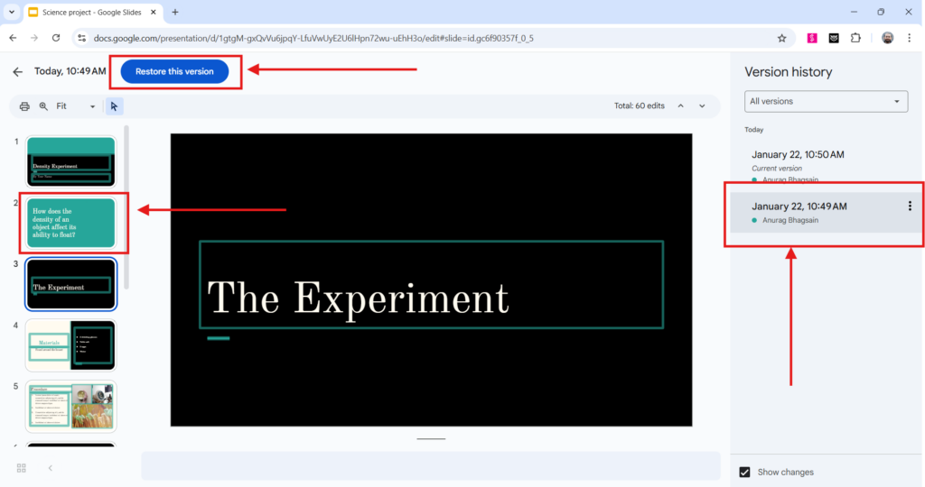 restore the version in google slides