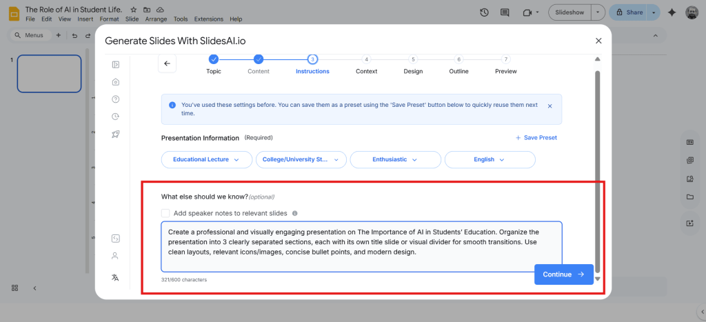 Instructions to add sections
