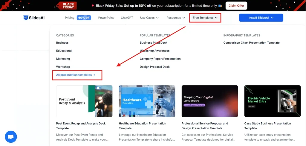 Open the Templates dropdown from the menu