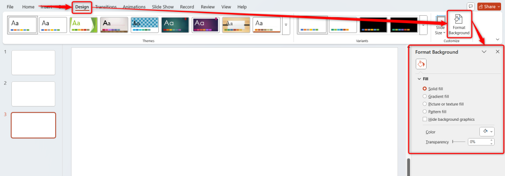 Go to the “Design” tab. Click “Format Background” under the “Customize” section. Choose a “Solid Fill” if you want a single-color background in PowerPoint.
