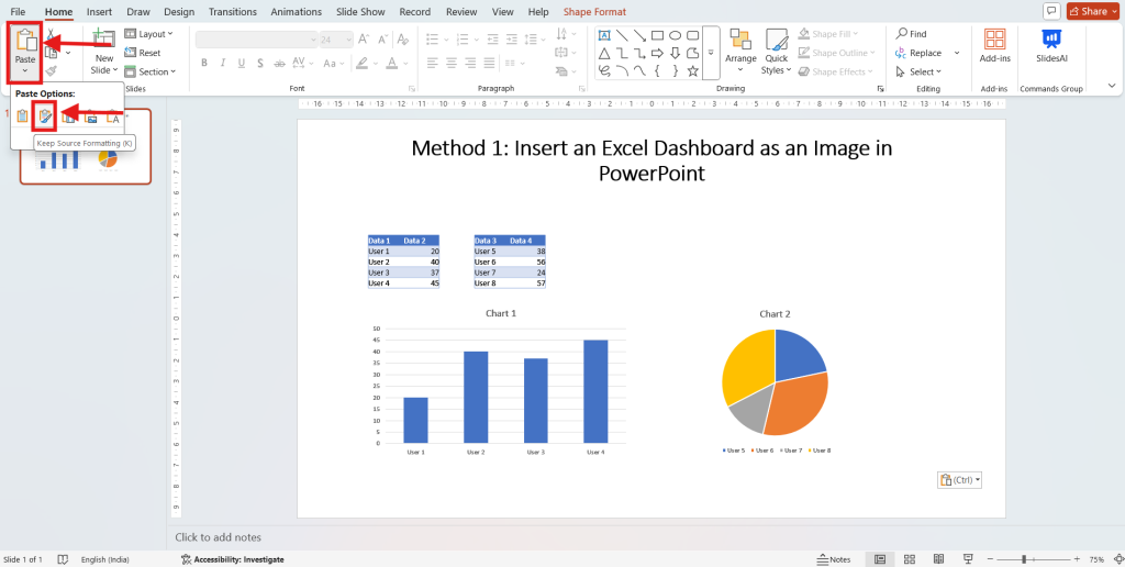 Paste excel dashboard in PowerPoint as image