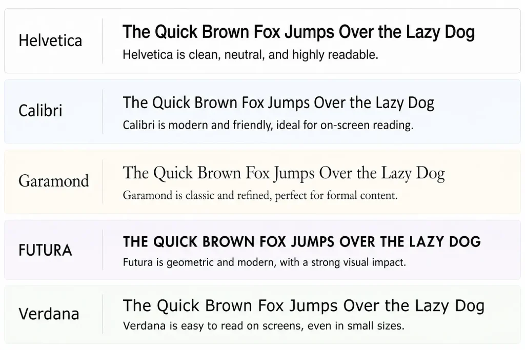 Examples of different font types including Helvetica, Calibri, Garamond, Futura, and Verdana.