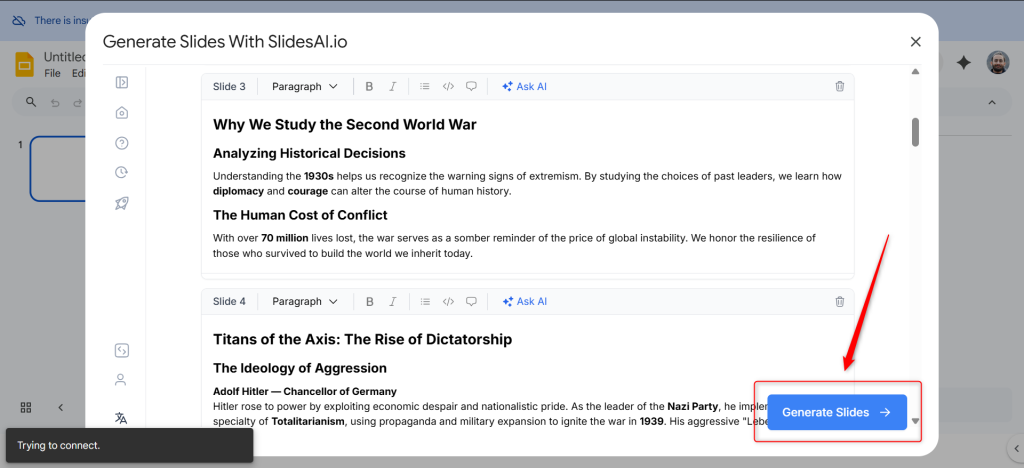 Check the presentation content and generate slides