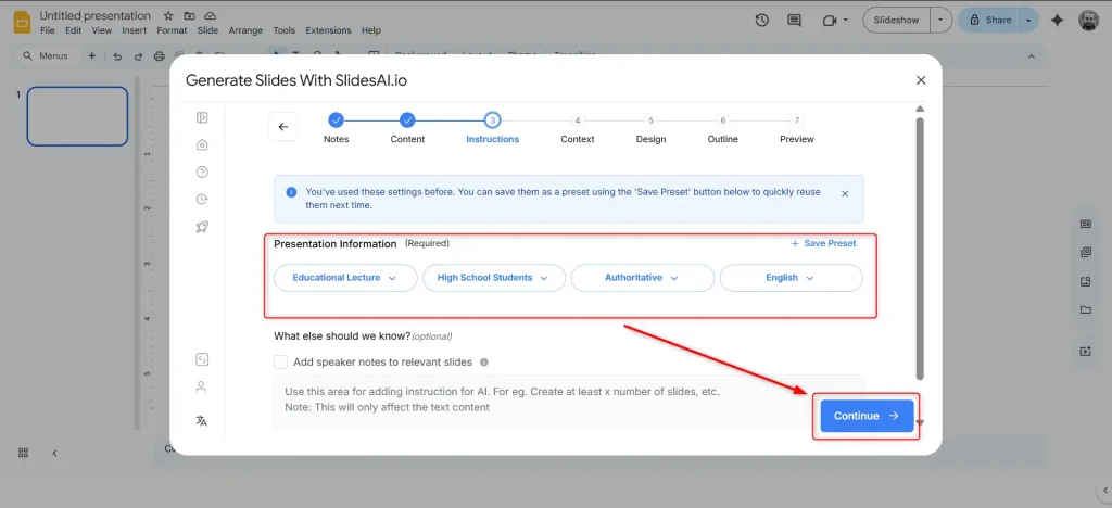 Select the presentation information