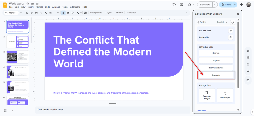 Translate option in Google Slides