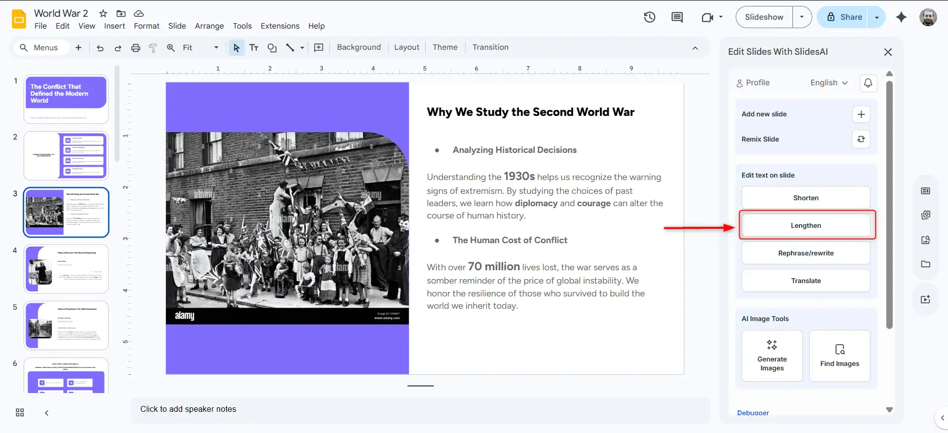 Lengthen Slide option