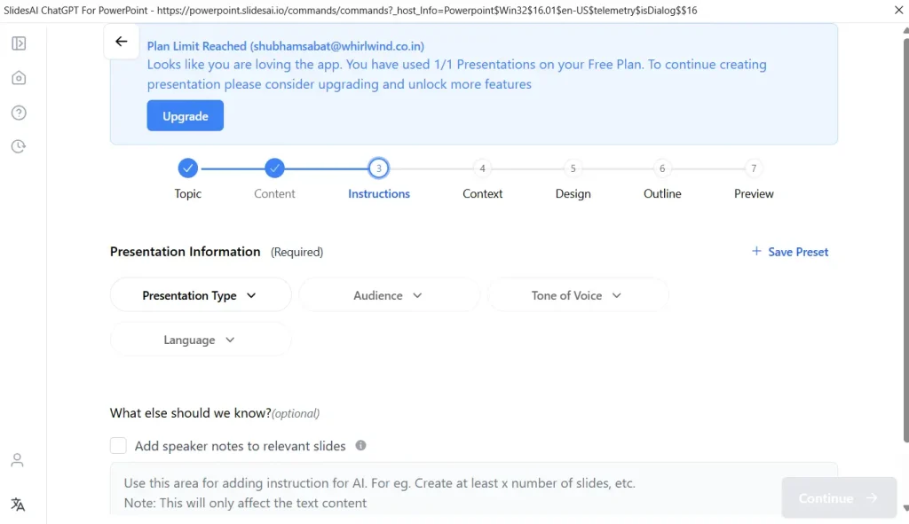 Select the Presentation type, Audience, Tone and language