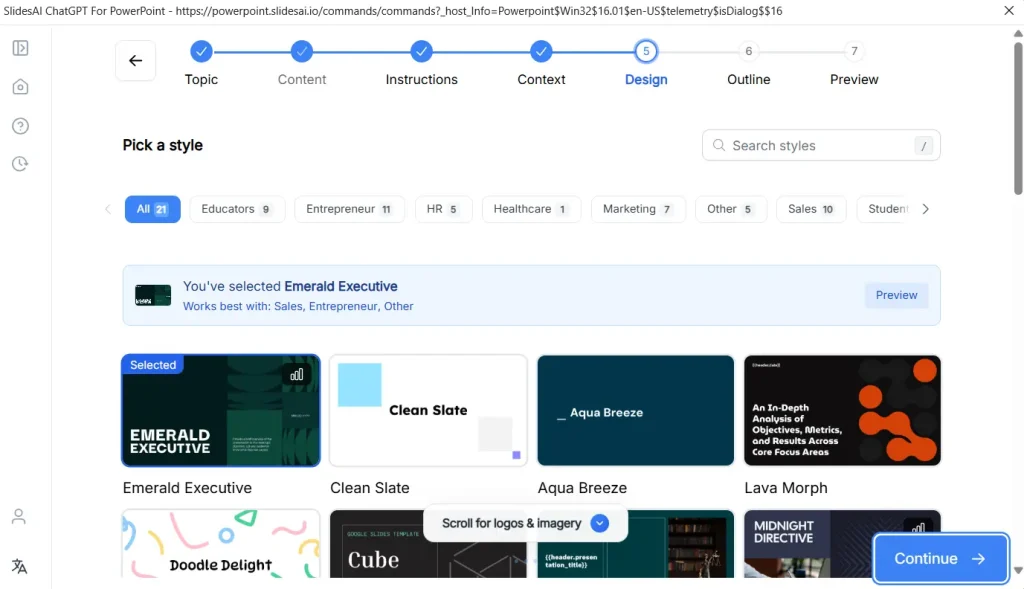 Select the presentation template of your choice from the template options. Insert your logo, choose if you want to insert AI images