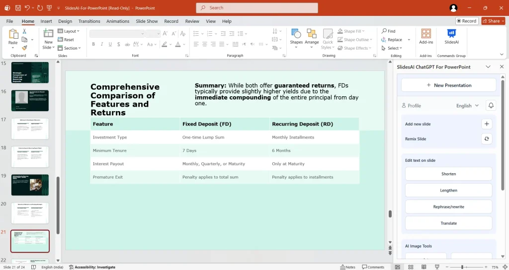 SlidesAI will create a whole presentation for your paper. Review all the slides and make changes if needed